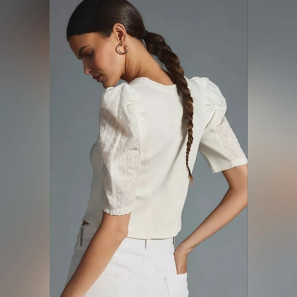 By Anthropologie Puff-Sleeve Structured V-Neck Tee Blouse Top in White Size LG